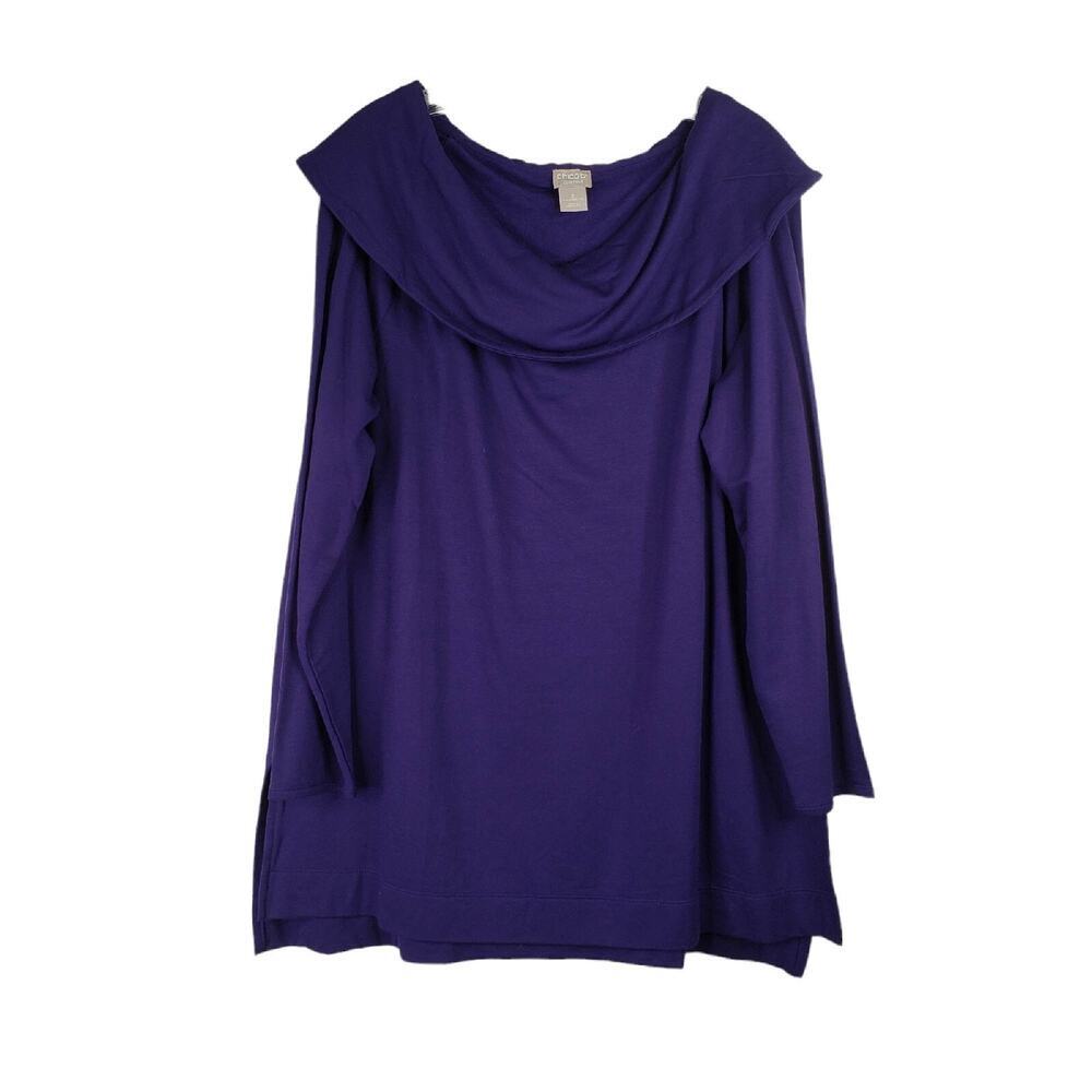 Chicos Shirt Womens Size 2 US L Ink Purple LS Stretch Knit Brushed Fleece New
